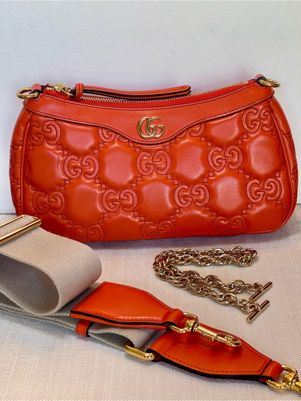 NEW GUCCI GG QUILTED MATELASSE’ SHOULDER CROSSBODY ORANGE CALF LEATHER BAG ITALY - Picture 8 of 17